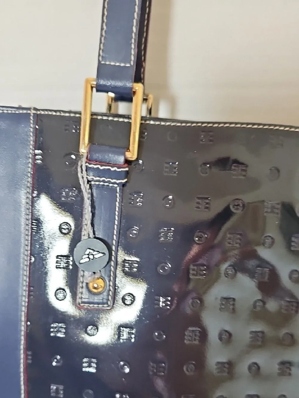 Arcadia Navy Patent Shoulder Tote with Gold Hardware - Picture 3 of 15